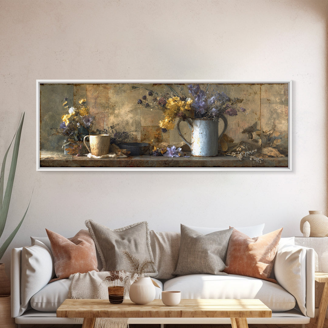 Country Wildflowers in a Chipped Ceramic Pitcher Canvas Print, Bed and Breakfast Art, Rustic Home Decor, Living Room Decor, BAB-3x1-65