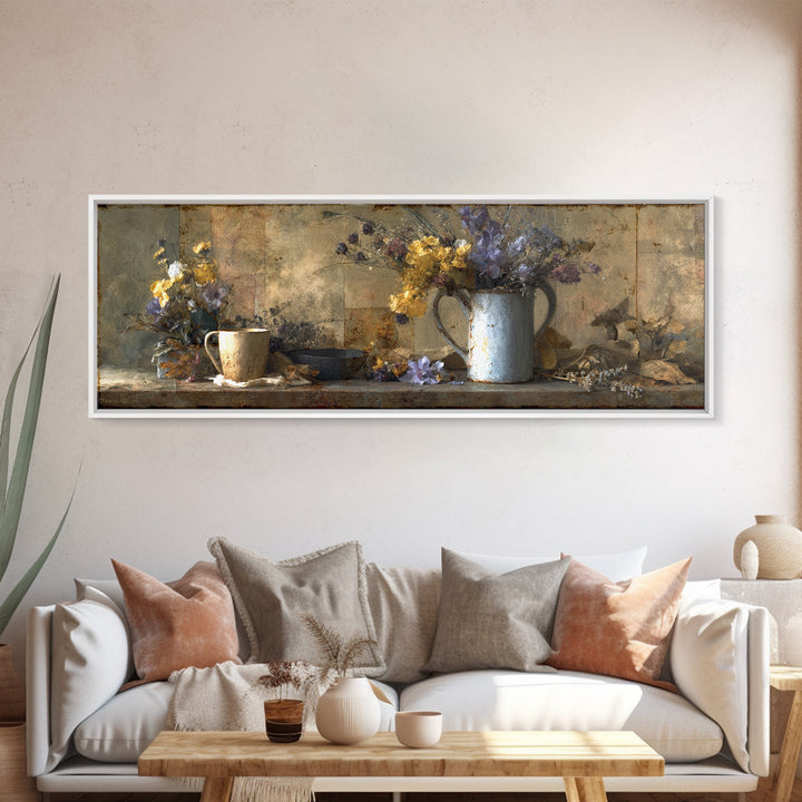 Country Wildflowers in a Chipped Ceramic Pitcher Canvas Print, Bed and Breakfast Art, Rustic Home Decor, Living Room Decor, BAB-3x1-65