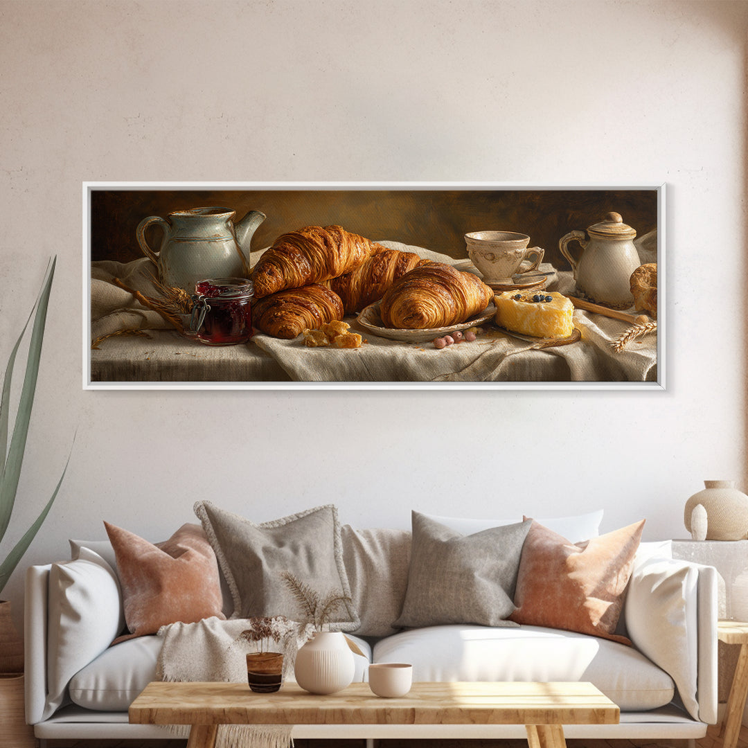Fresh Croissants and Jam on a Linen Canvas Print, Bed and Breakfast Art, Bedroom Wall Art, Living Room Decor, Abstract Art, BAB-3x1-66