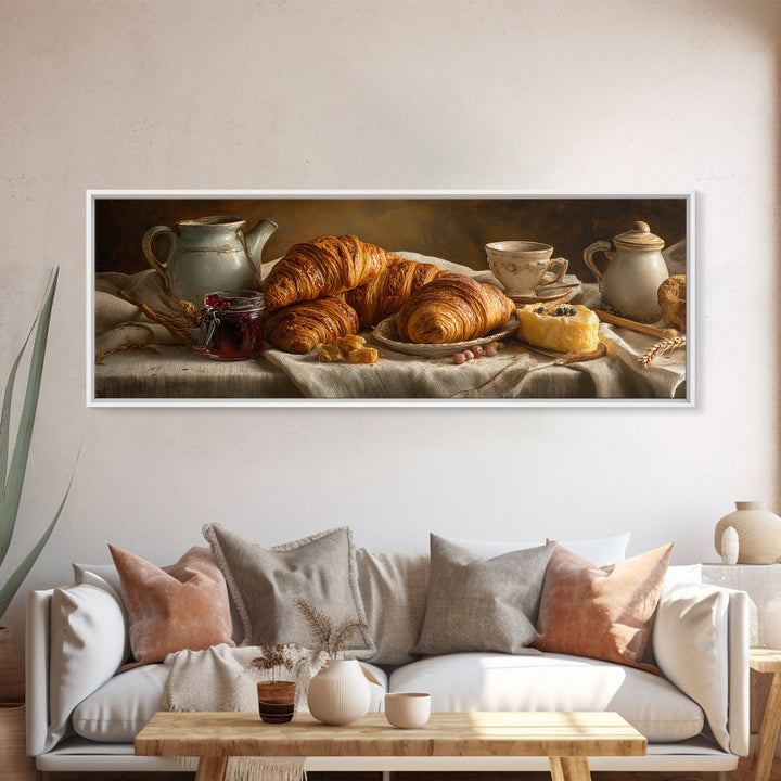 Fresh Croissants and Jam on a Linen Canvas Print, Bed and Breakfast Art, Bedroom Wall Art, Living Room Decor, Abstract Art, BAB-3x1-66