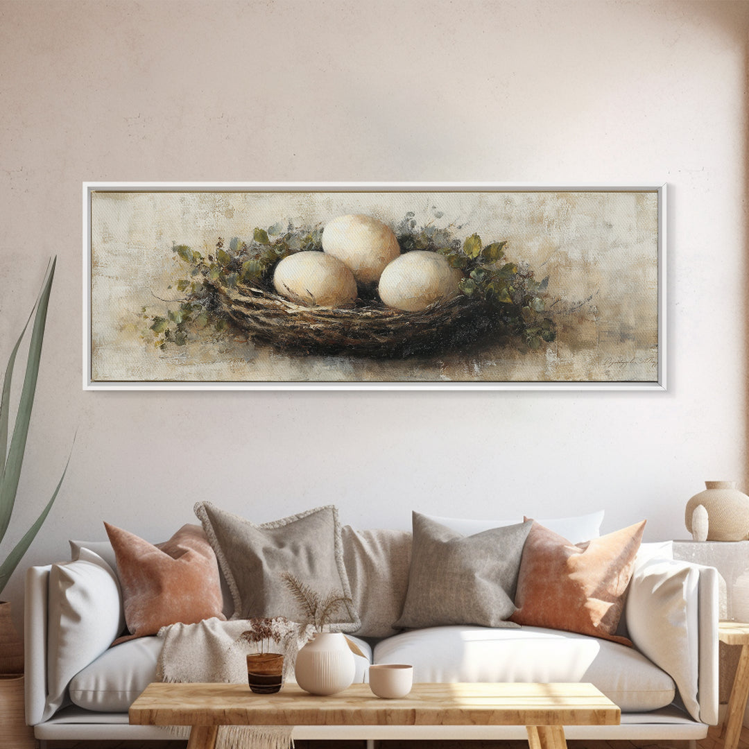 Fresh Eggs in a Woven Basket with Canvas Print, Bed and Breakfast Art, Wall Art, Living Room Decor, Oil Painting, BAB-3x1-70