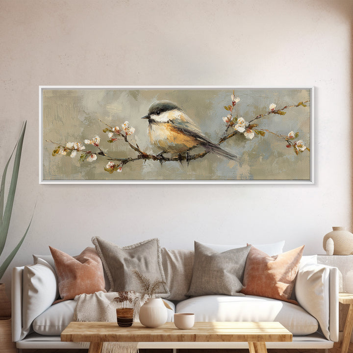 Small Bird on a Flowering Branch Canvas Print, Bed and Breakfast Art, Printable, Living Room Decor, Oil Painting, BAB-3x1-78