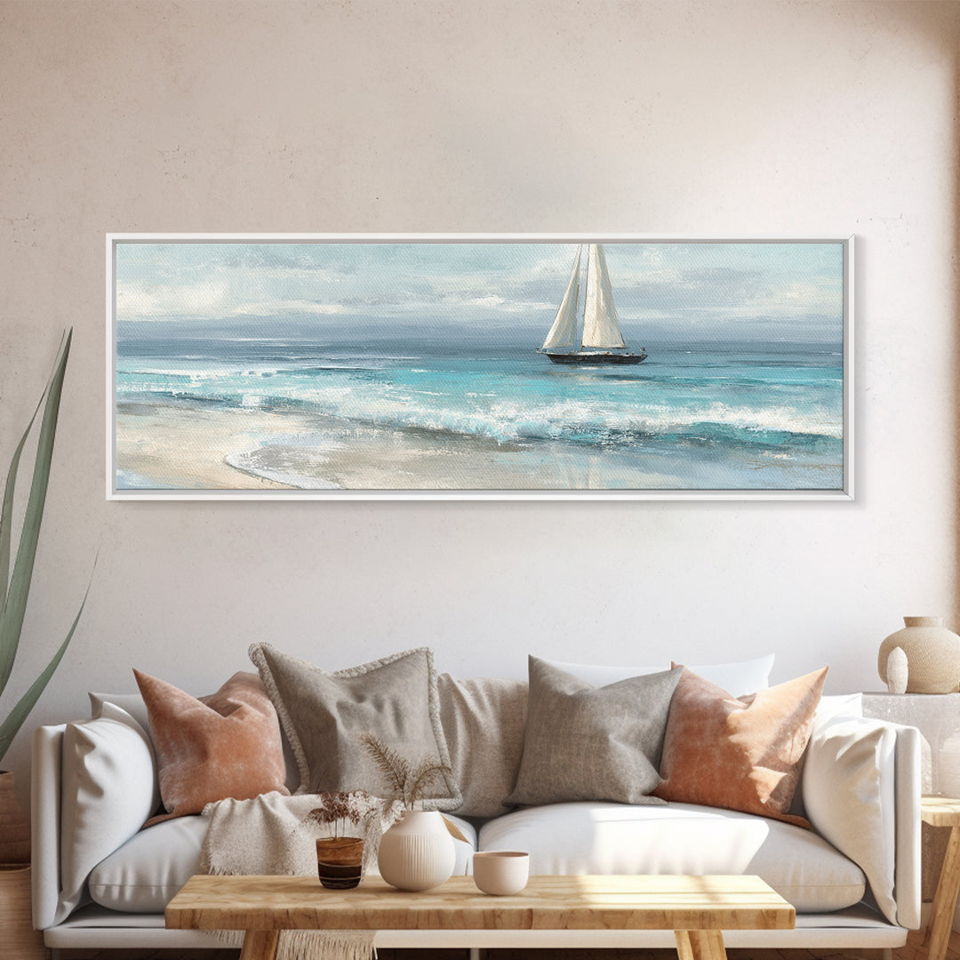 Coastal Inn Sailboat at Sunrise Framed Canvas Print, Bed and Breakfast Art, Folk Art, Living Room Decor, Fine Art, BAB-3x1-81