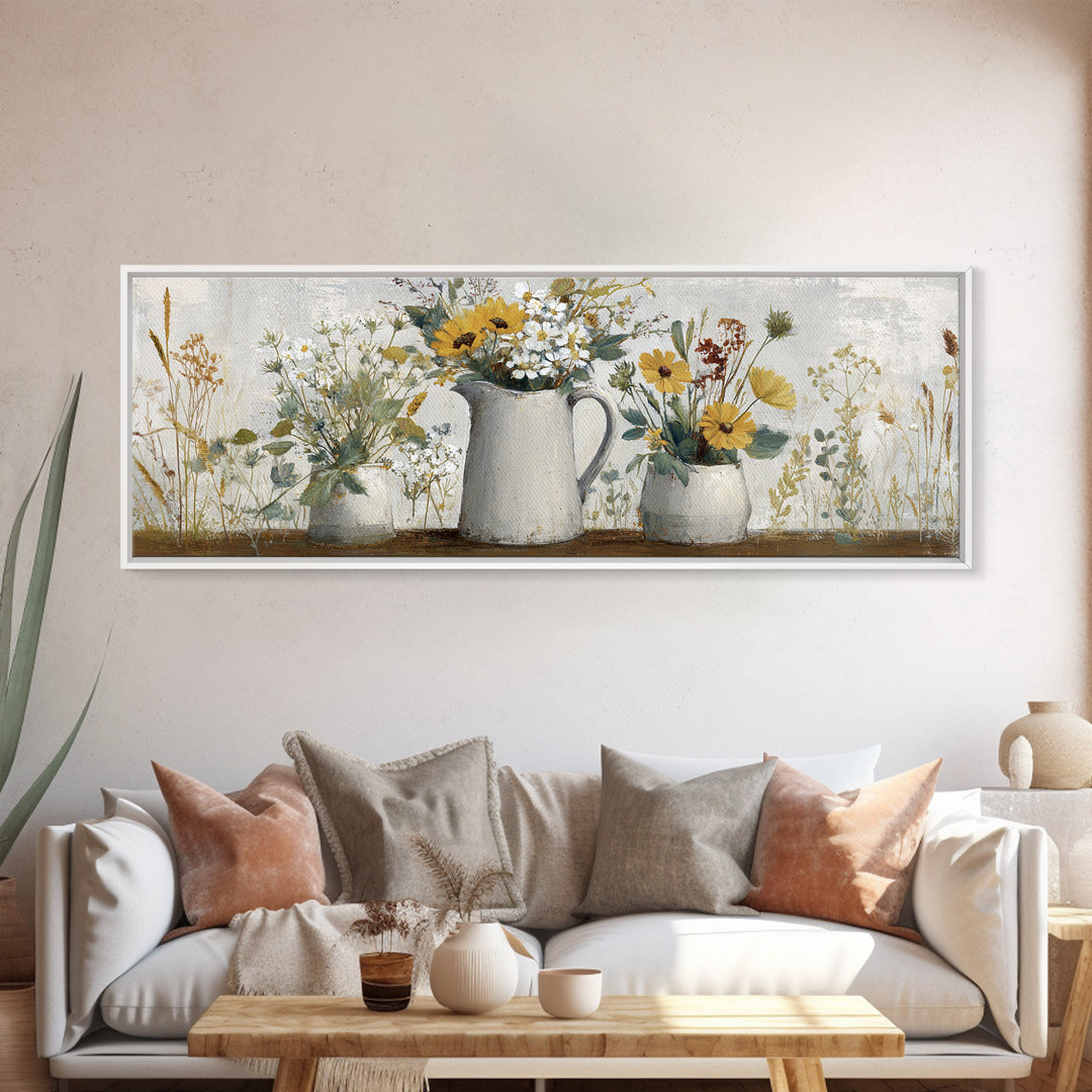 Country Wildflowers in a Chipped Ceramic Pitcher Canvas Print, Bed and Breakfast Art, Boho Decor, Living Room Decor, BAB-3x1-89