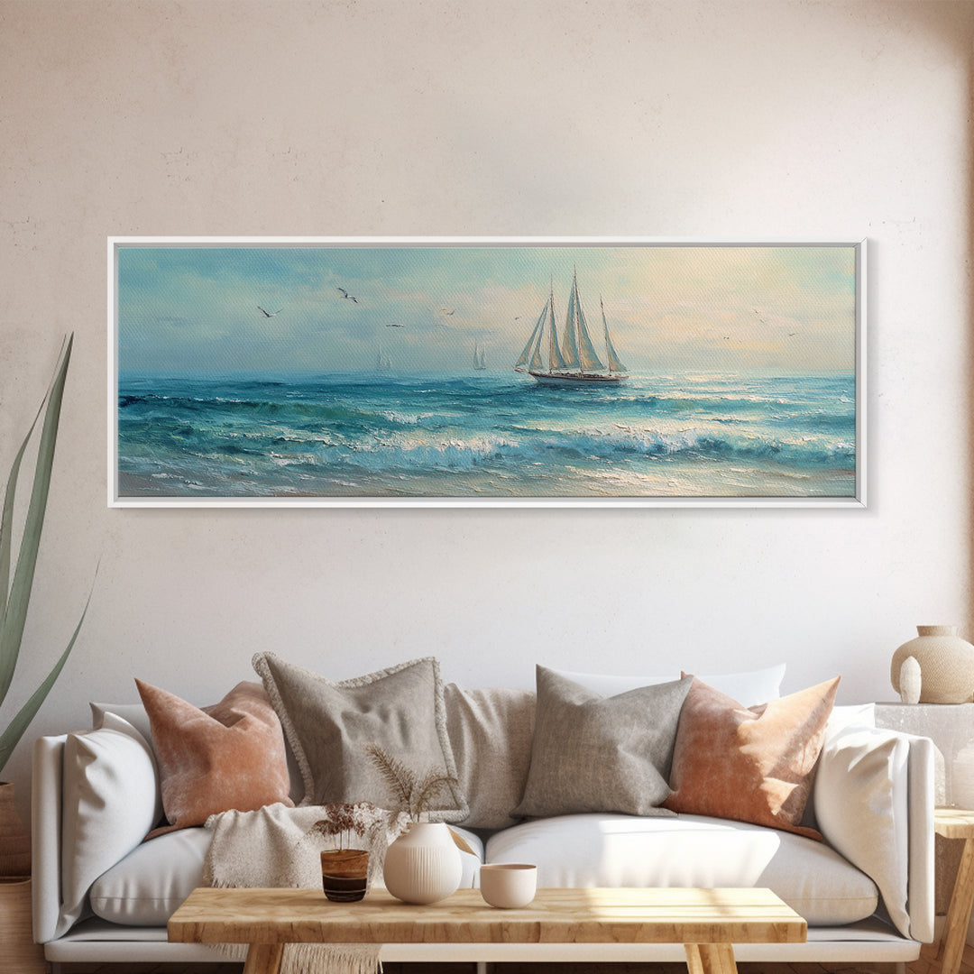 Coastal Inn Sailboat at Sunrise Framed Canvas Print, Bed and Breakfast Art, Dopamine Decor, Living Room Decor, Fine Art, BAB-3x1-9