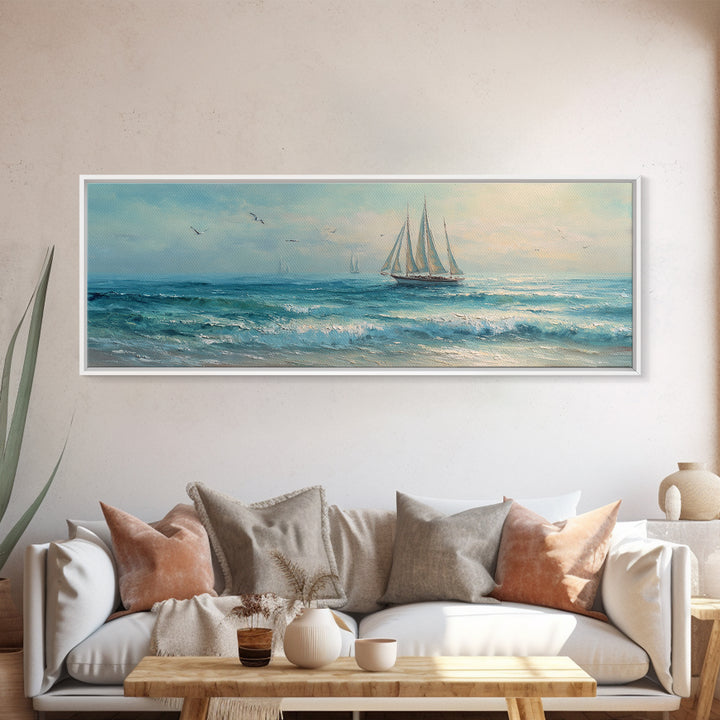 Coastal Inn Sailboat at Sunrise Framed Canvas Print, Bed and Breakfast Art, Dopamine Decor, Living Room Decor, Fine Art, BAB-3x1-9