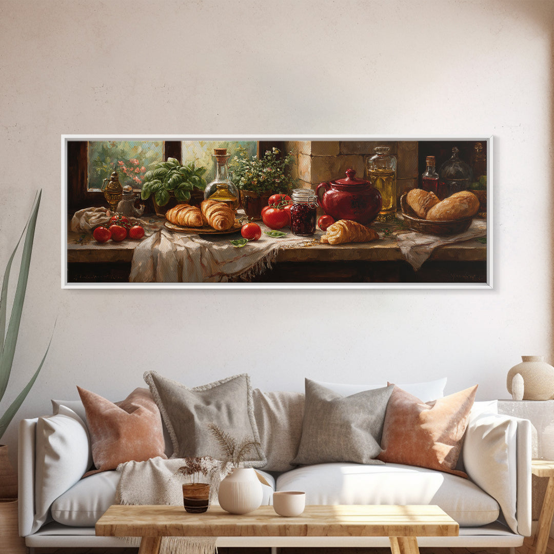 Fresh Croissants and Jam on a Linen Canvas Print, Bed and Breakfast Art, Farmhouse Wall Art, Living Room Decor, BAB-3x1-90