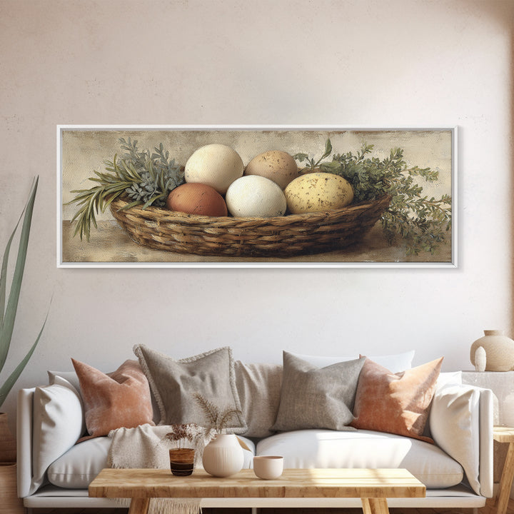 Fresh Eggs in a Woven Basket with Canvas Print, Bed and Breakfast Art, Coffee Art, Living Room Decor, Watercolor Art, BAB-3x1-94