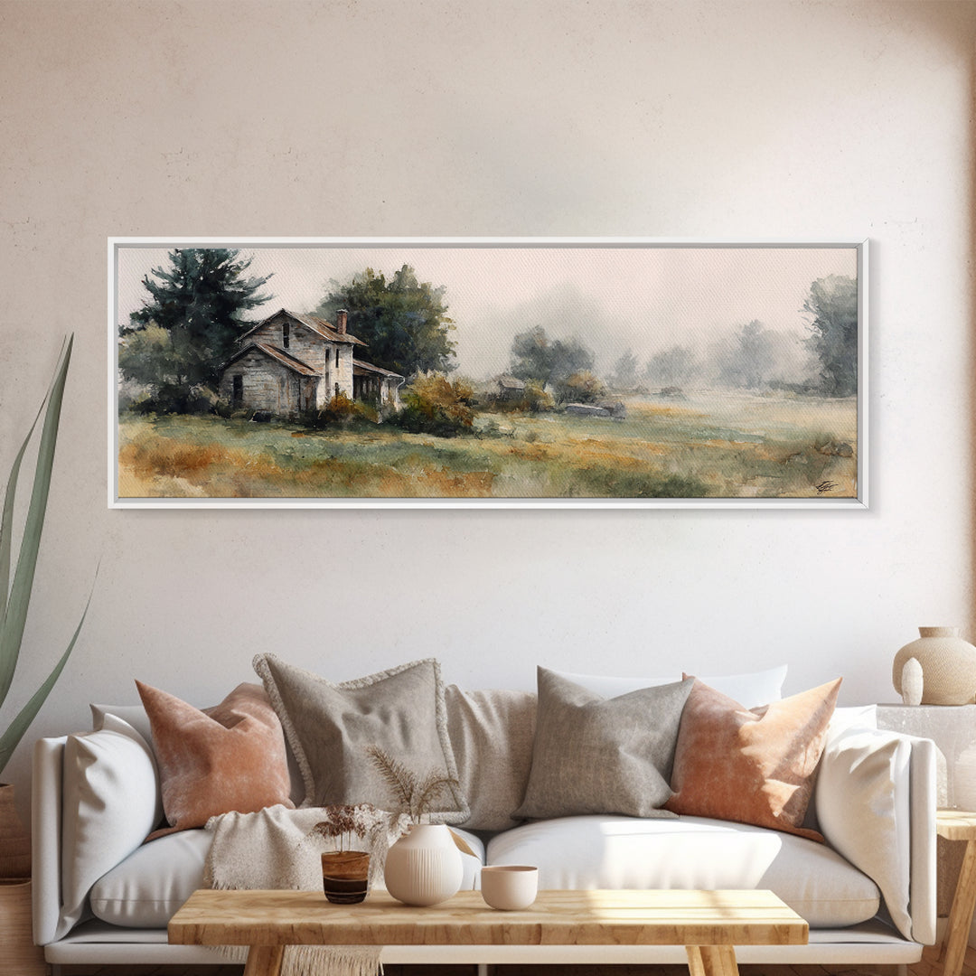 Old Farmhouse Landscape Canvas Print, Bed and Breakfast Art, Digital Art, Living Room Decor, Fine Art, Bedroom Wall Art, BAB-3x1-95