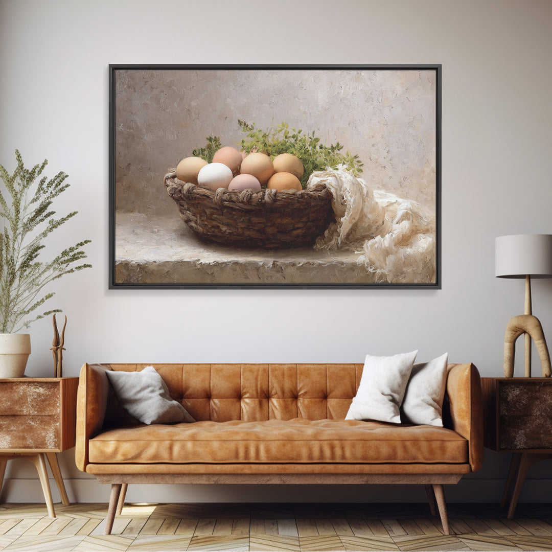 Fresh Eggs in a Woven Basket with Framed Canvas Print, Bed and Breakfast Art, Bed, Living Room Decor, Fine Art, BAB-3x2-10