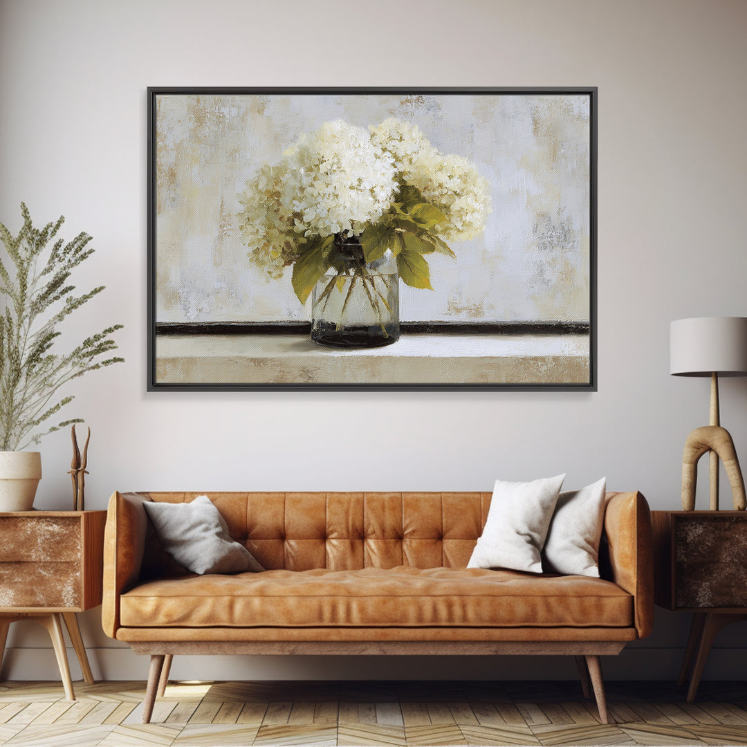 Sunlit Hydrangeas on a Windowsill Framed Canvas Print, Bed and Breakfast Art, Wood Wall Art, Living Room Decor, Fine Art, BAB-3x2-14