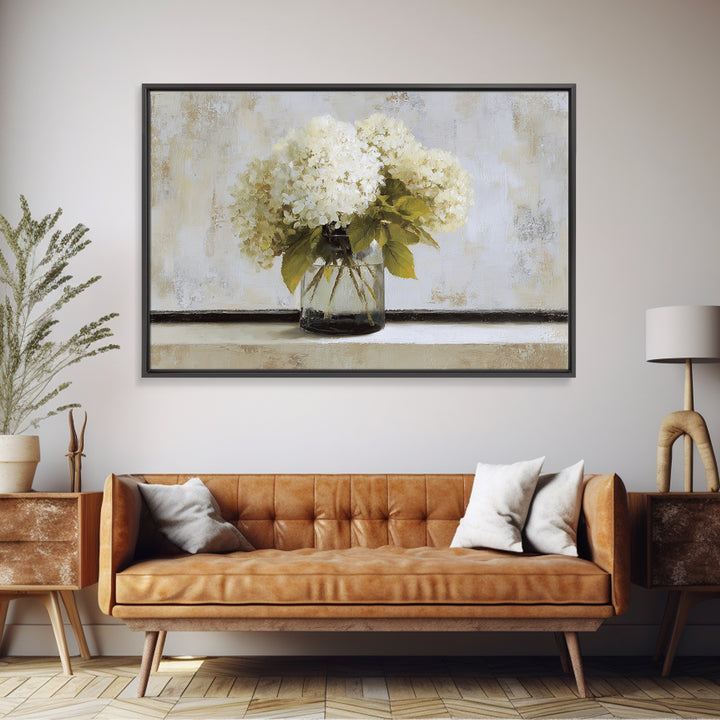 Sunlit Hydrangeas on a Windowsill Framed Canvas Print, Bed and Breakfast Art, Wood Wall Art, Living Room Decor, Fine Art, BAB-3x2-14