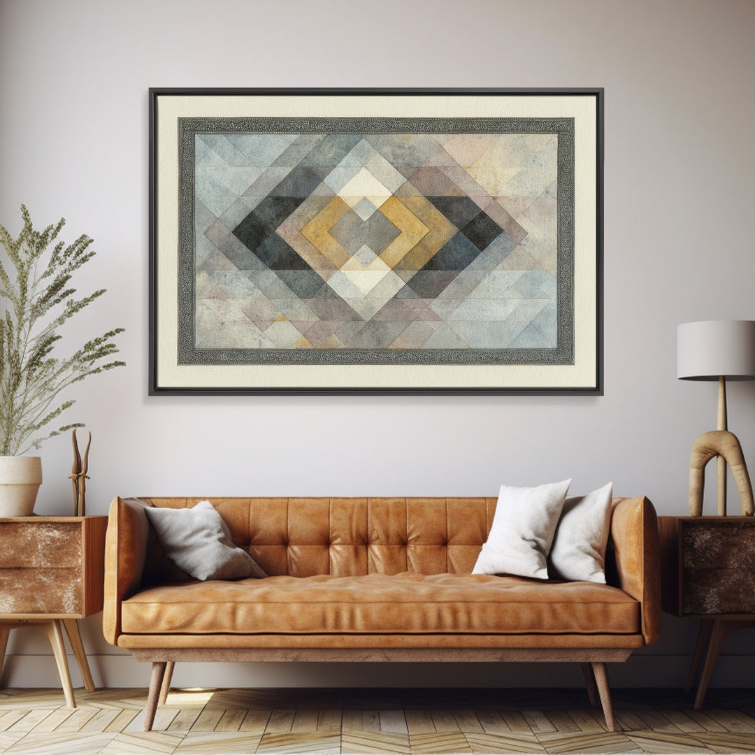 Quilt Pattern Folk Art Composition Framed Canvas Print, Bed and Breakfast Art, Bedroom Wall Art, Living Room Decor, Fine Art, BAB-3x2-15