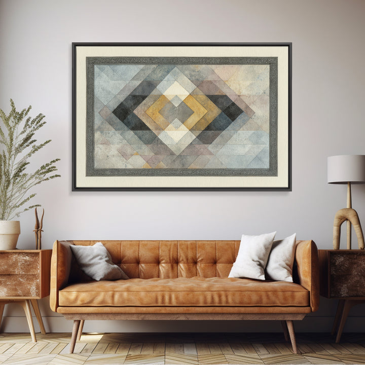 Quilt Pattern Folk Art Composition Framed Canvas Print, Bed and Breakfast Art, Bedroom Wall Art, Living Room Decor, Fine Art, BAB-3x2-15