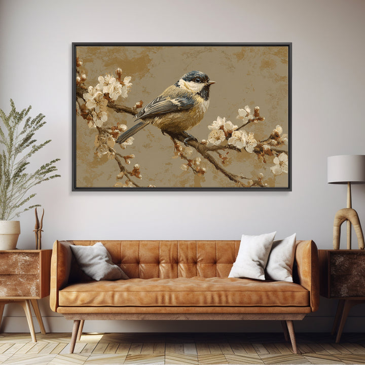 Small Bird on a Flowering Branch Framed Canvas Print, Bed and Breakfast Art, Printable Art, Living Room Decor, Watercolor Art, BAB-3x2-18