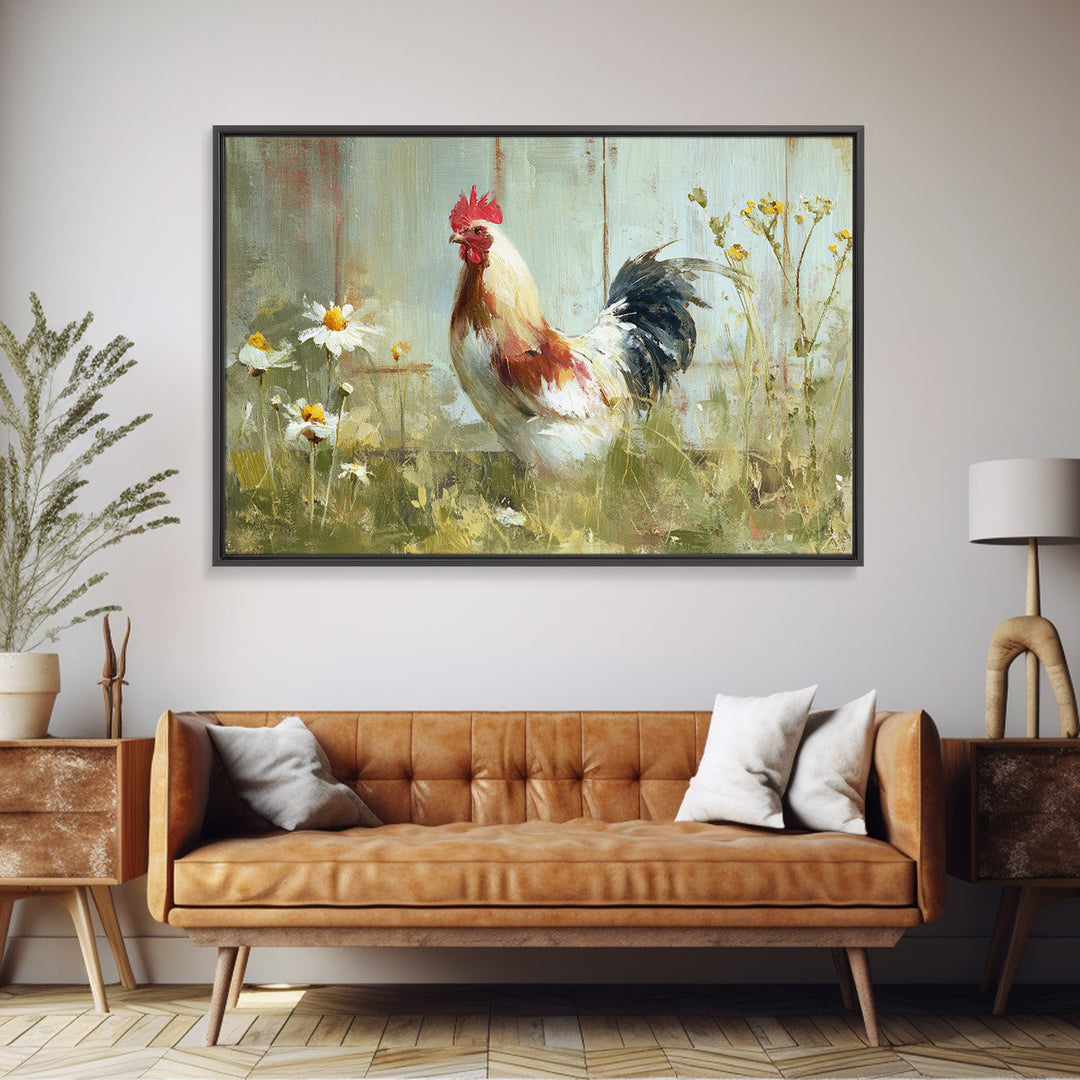Rooster and Wildflower Country Portrait Canvas Print, Bed and Breakfast Art, Coffee Wall Art, Living Room Decor, BAB-3x2-23