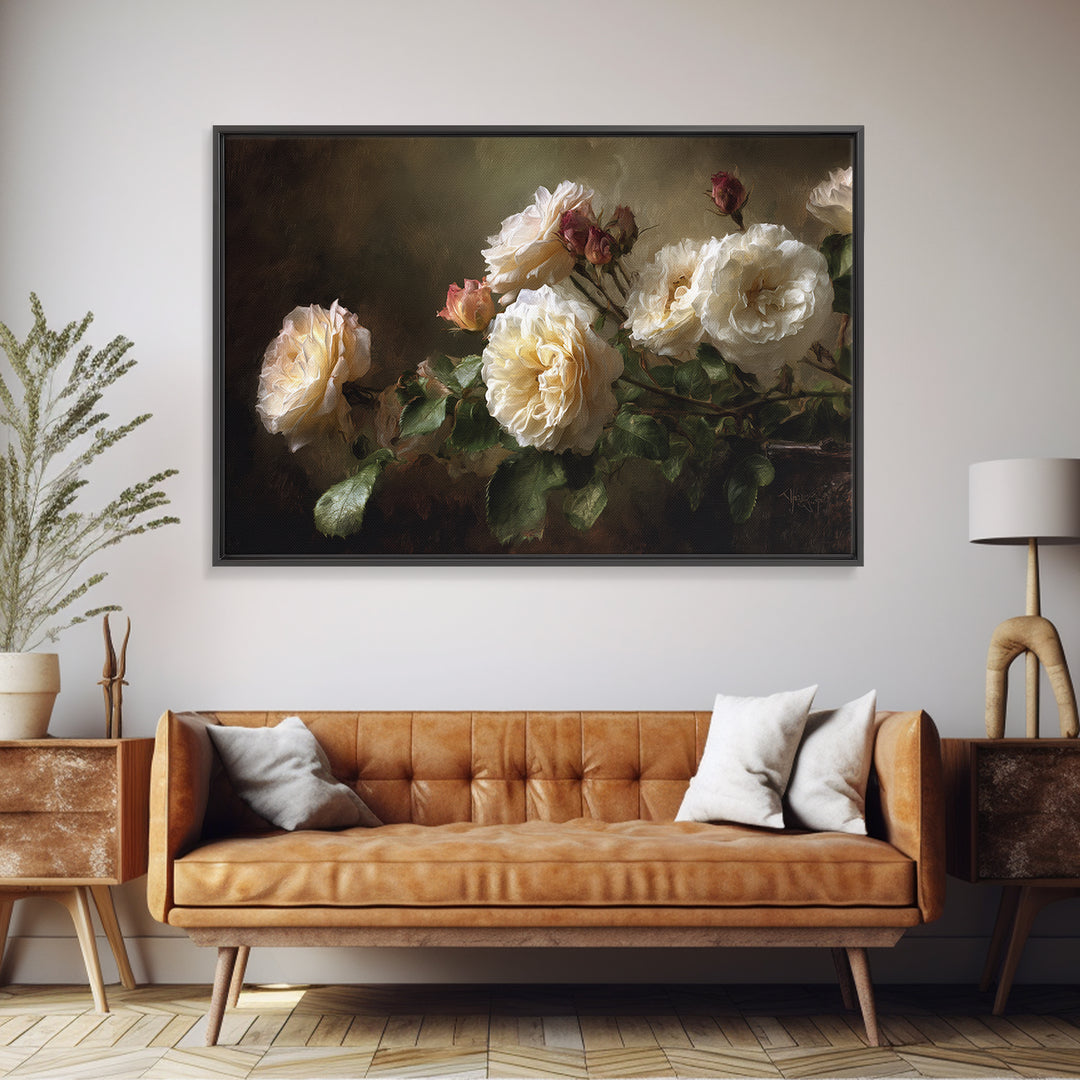 Garden Roses in Romantic Oil Paint Framed Canvas Print, Bed and Breakfast Art, Bedroom Prints, Living Room Decor, Fine Art, BAB-3x2-25