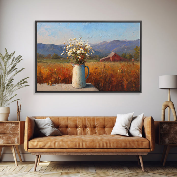 Country Wildflowers in a Chipped Ceramic Pitcher Canvas Print, Bed and Breakfast Art, Modern Decor, Living Room Decor, BAB-3x2-29