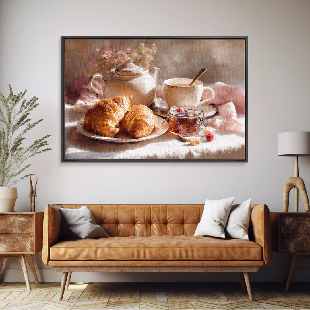 Fresh Croissants and Jam on a Linen Canvas Print, Bed and Breakfast Art, Above Bed Decor, Living Room Decor, Fine Art, BAB-3x2-30