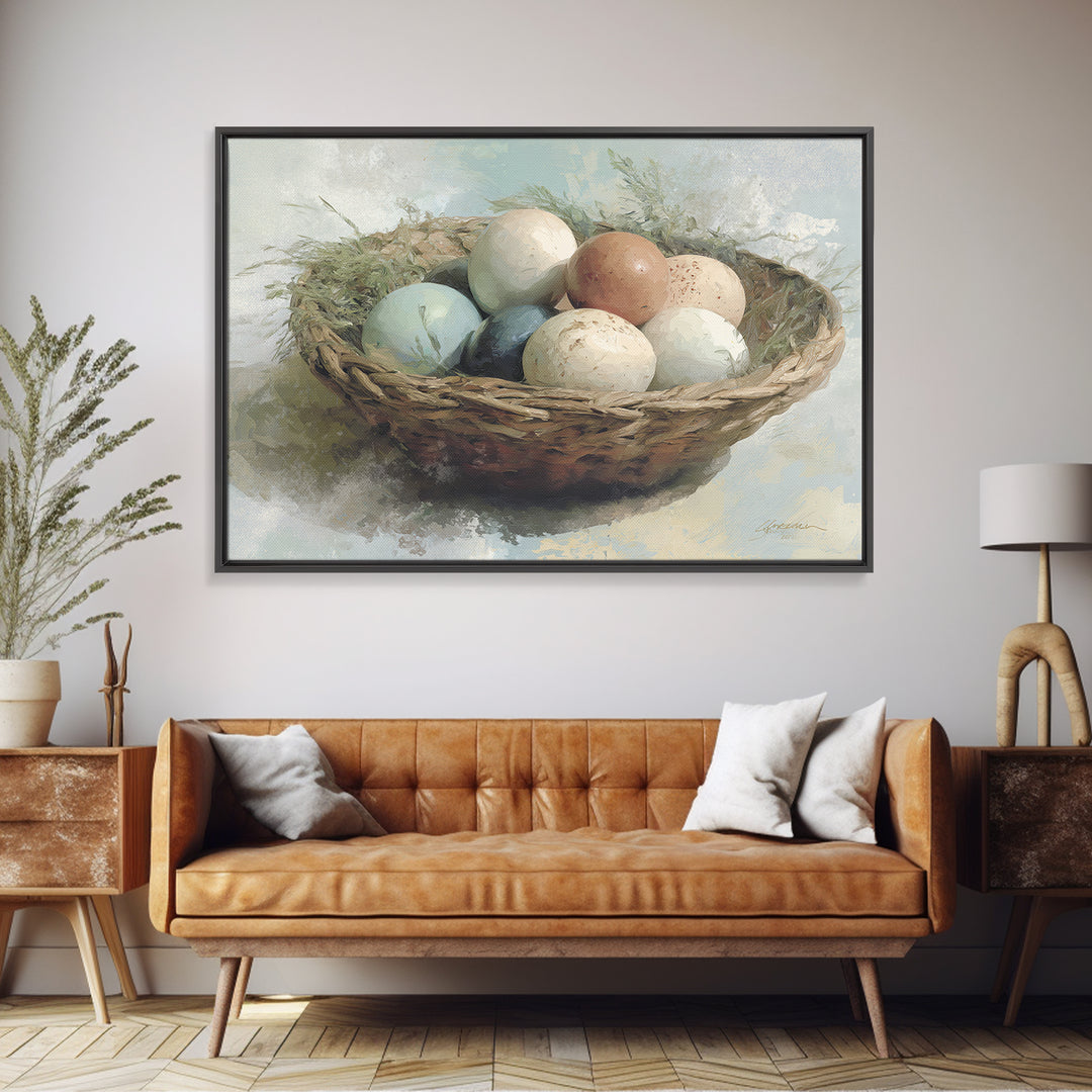 Fresh Eggs in a Woven Basket with Canvas Print, Bed and Breakfast Art, Coffee Art, Living Room Decor, Watercolor Art, BAB-3x2-34