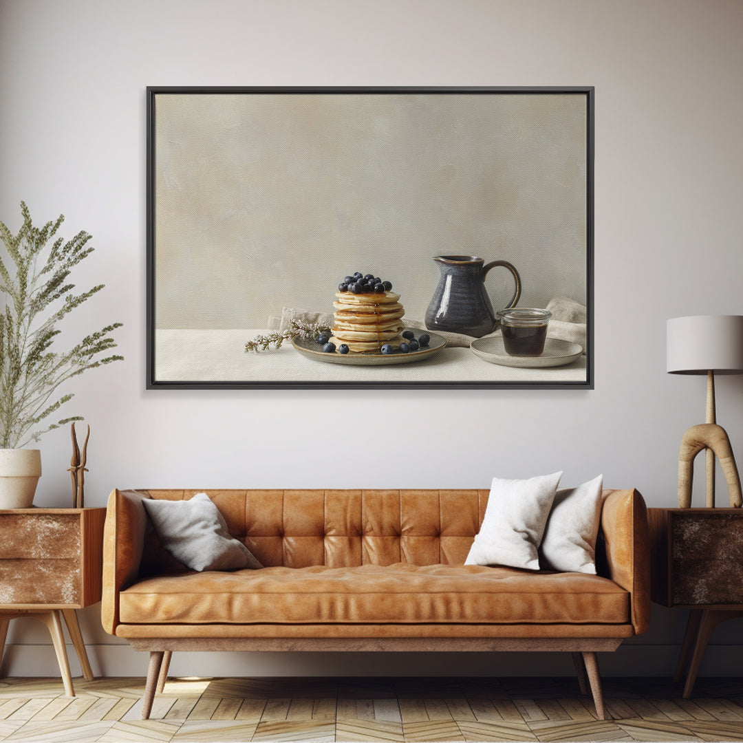Blueberry Pancakes Still Life Framed Canvas Print, Bed and Breakfast Art, Folk Art, Living Room Decor, Fine Art, BAB-3x2-36