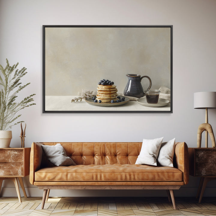 Blueberry Pancakes Still Life Framed Canvas Print, Bed and Breakfast Art, Folk Art, Living Room Decor, Fine Art, BAB-3x2-36