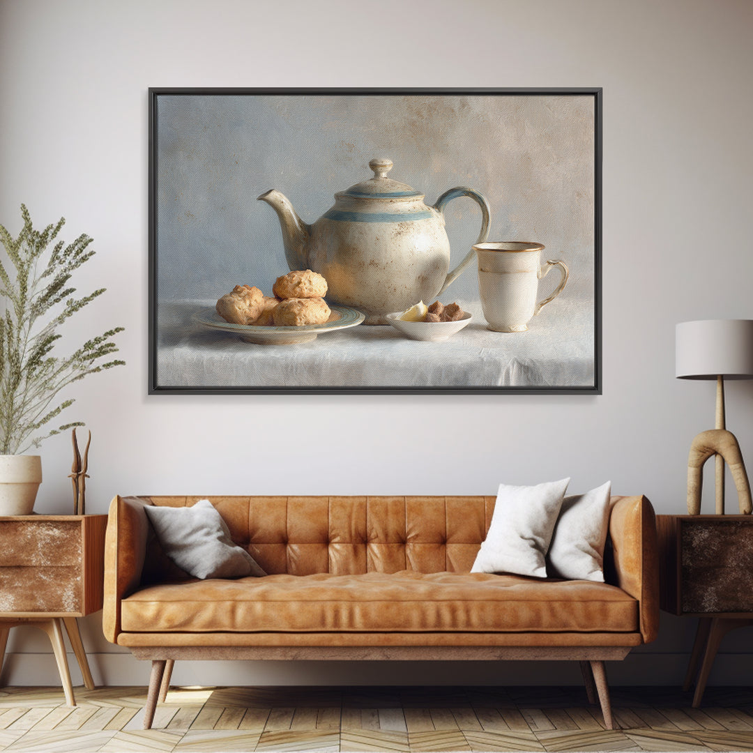 Porcelain Teapot and Scones Framed Canvas Print, Bed and Breakfast Art, Bedroom Art, Living Room Decor, Oil Painting, BAB-3x2-40