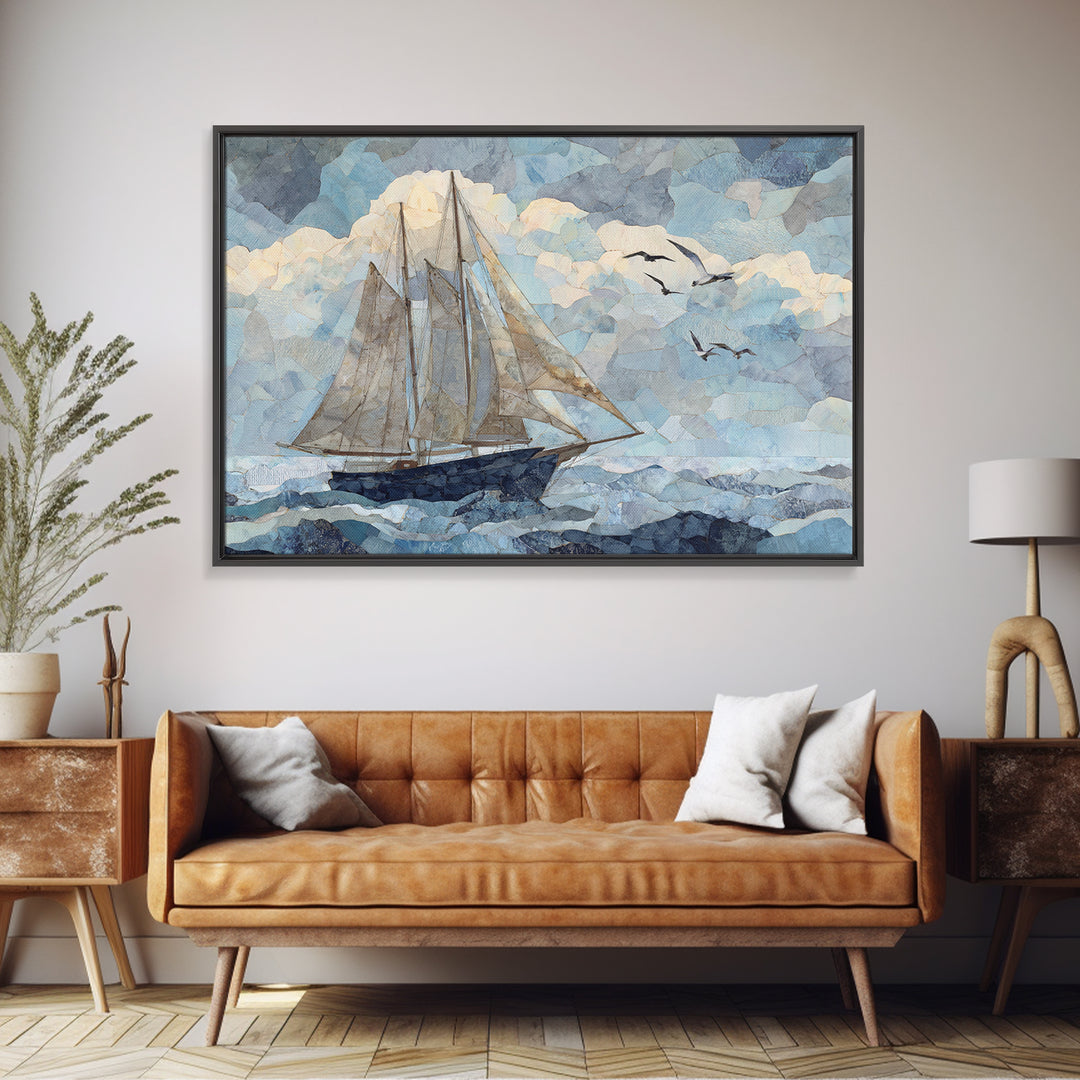 Coastal Inn Sailboat at Sunrise Framed Canvas Print, Bed and Breakfast Art, Gallery Decor, Living Room Decor, Fine Art, BAB-3x2-45