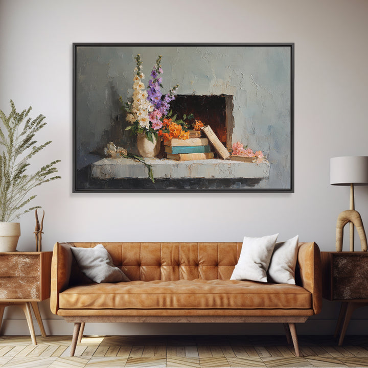 Warm Fireplace Still Life Framed Canvas Print, Bed and Breakfast Art, Bedroom Wall Decor, Living Room Decor, Fine Art, BAB-3x2-46