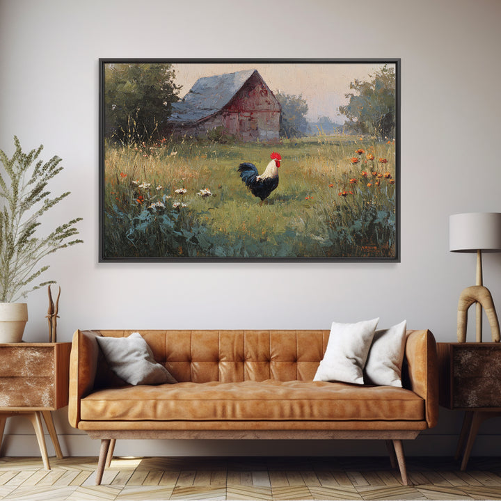 Rooster and Wildflower Country Portrait Framed Canvas Print, Bed and Breakfast Art, Digital Art, Living Room Decor, Fine Art, BAB-3x2-47