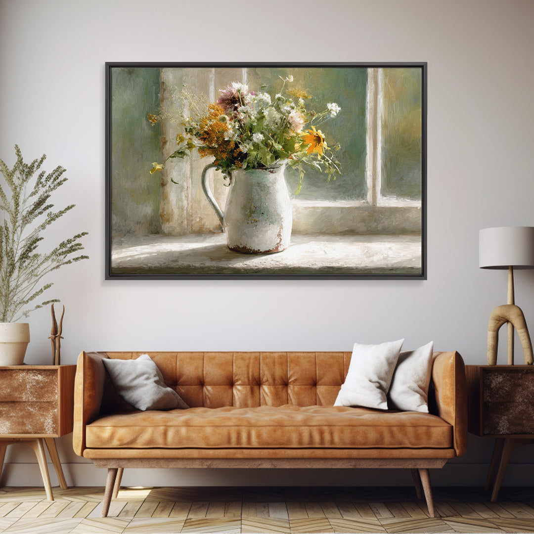 Country Wildflowers in a Chipped Ceramic Pitcher Canvas Print, Bed and Breakfast Art, Coffee Wall Art, Living Room Decor, BAB-3x2-5