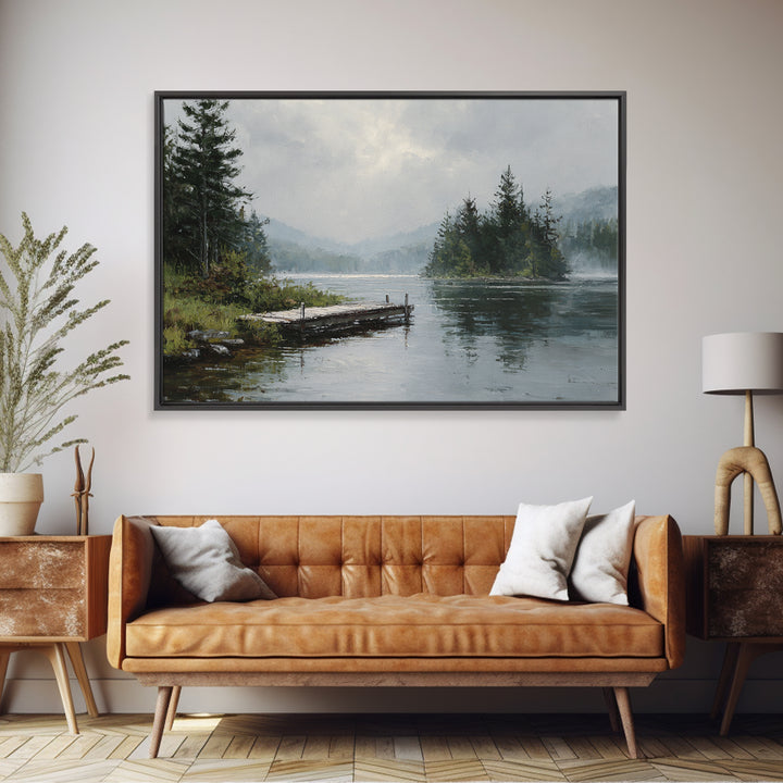 Quiet Lake Dock at Early Morning Framed Canvas Print, Bed and Breakfast Art, Farmhouse Wall Decor, Living Room Decor, Fine Art, BAB-3x2-50