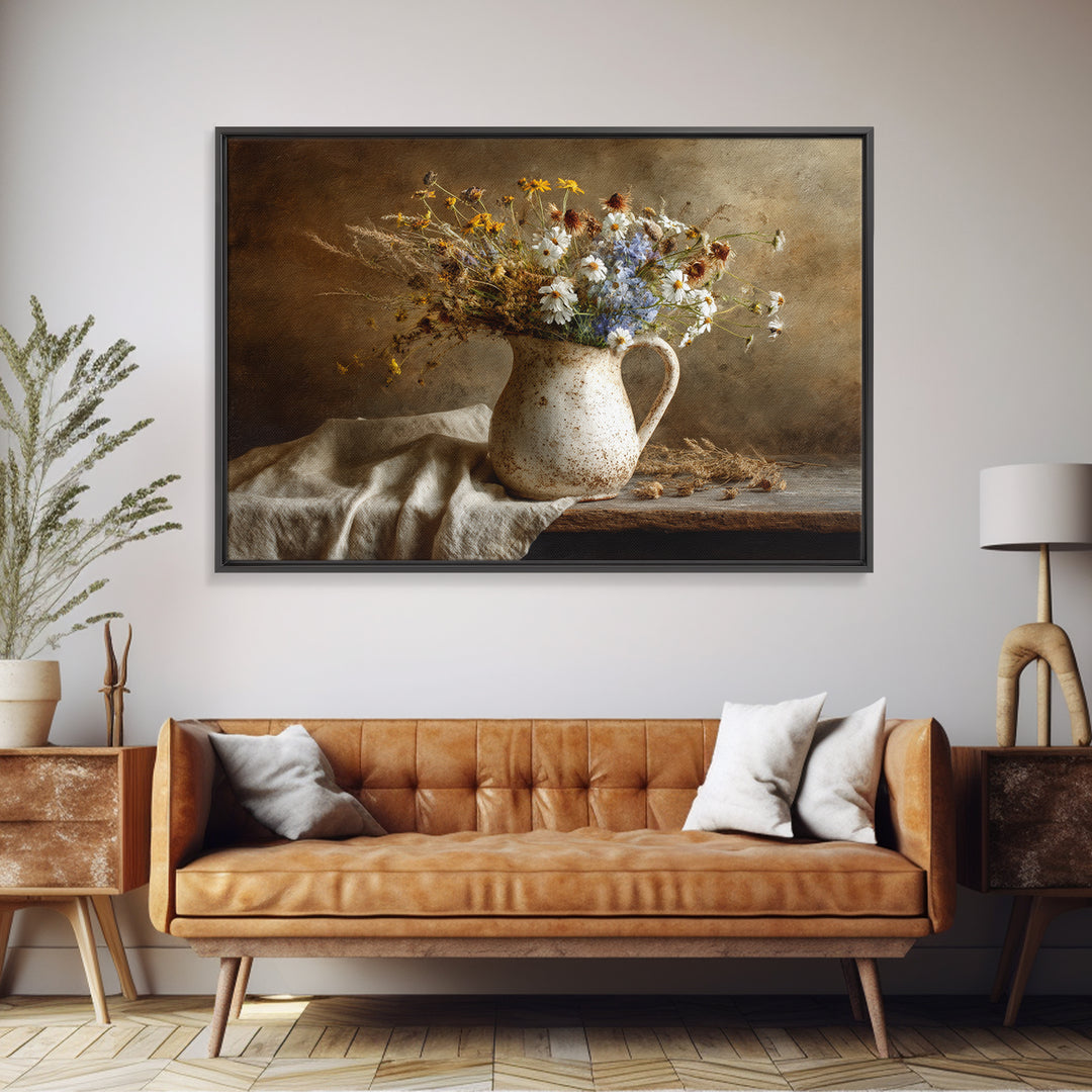 Country Wildflowers in a Chipped Ceramic Pitcher Canvas Print, Bed and Breakfast Art, Modern Decor, Living Room Decor, BAB-3x2-53