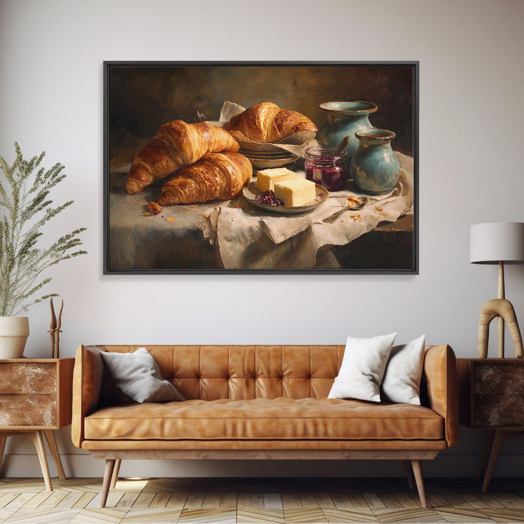Fresh Croissants and Jam on a Linen Canvas Print, Bed and Breakfast Art, Above Bed Decor, Living Room Decor, Fine Art, BAB-3x2-54