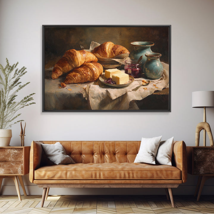 Fresh Croissants and Jam on a Linen Canvas Print, Bed and Breakfast Art, Above Bed Decor, Living Room Decor, Fine Art, BAB-3x2-54