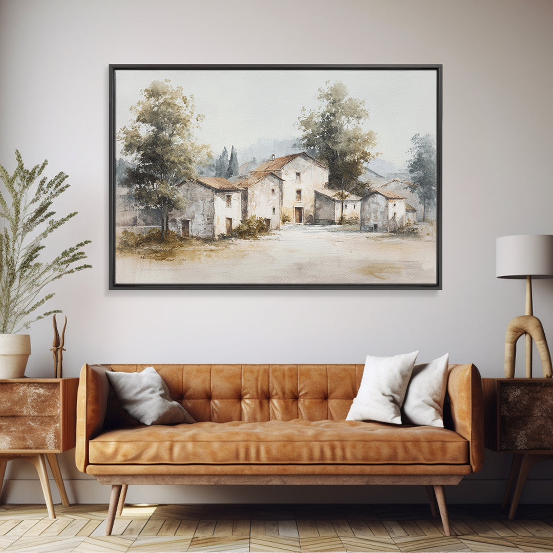 Soft Watercolor Village Street at Dawn Canvas Print, Bed and Breakfast Art, Folk Art, Living Room Decor, Fine Art, BAB-3x2-57