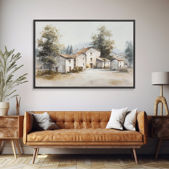 Soft Watercolor Village Street at Dawn Canvas Print, Bed and Breakfast Art, Folk Art, Living Room Decor, Fine Art, BAB-3x2-57