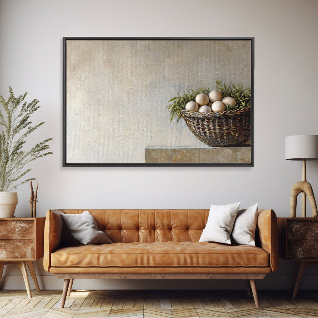 Fresh Eggs in a Woven Basket with Canvas Print, Bed and Breakfast Art, Coffee Art, Living Room Decor, Watercolor Art, BAB-3x2-58