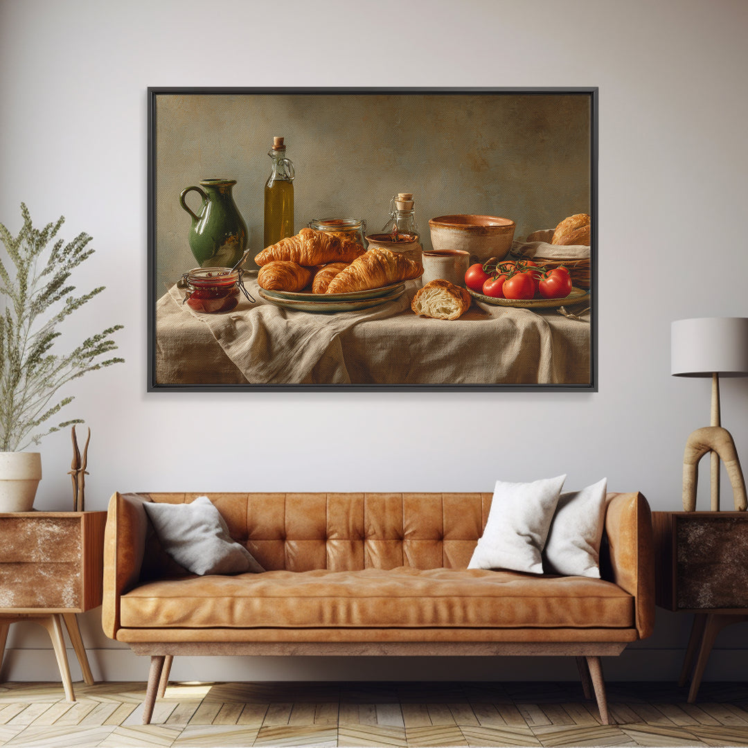 Fresh Croissants and Jam on a Linen Framed Canvas Print, Bed and Breakfast Art, Dopamine Decor, Living Room Decor, Fine Art, BAB-3x2-6