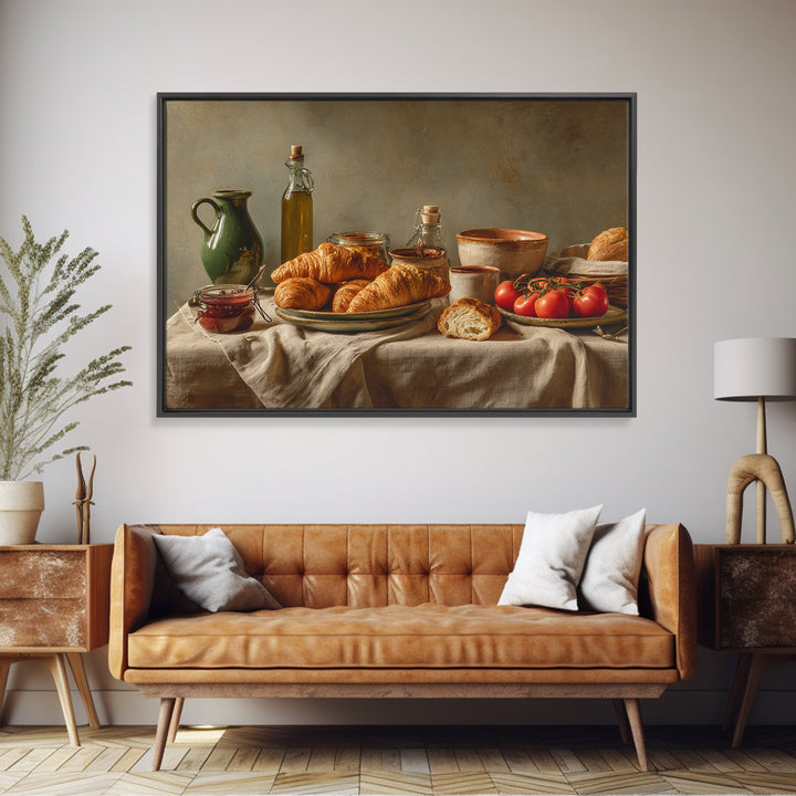 Fresh Croissants and Jam on a Linen Framed Canvas Print, Bed and Breakfast Art, Dopamine Decor, Living Room Decor, Fine Art, BAB-3x2-6