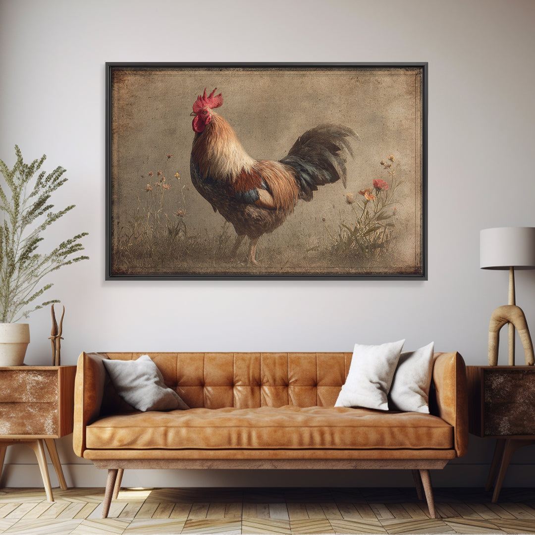 Rooster and Wildflower Country Portrait Canvas Print, Bed and Breakfast Art, Rustic Home Decor, Living Room Decor, BAB-3x2-71
