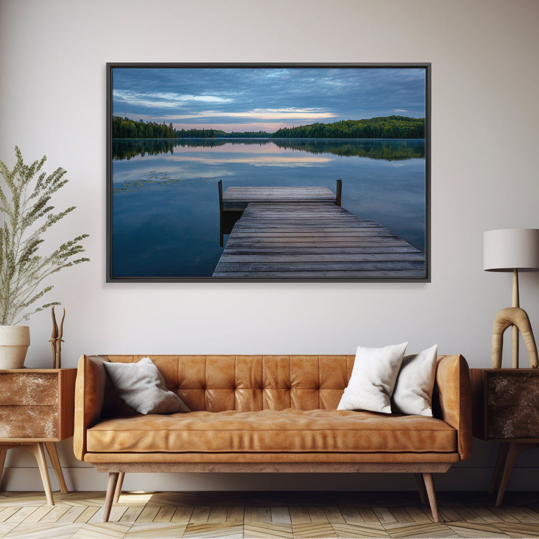 Quiet Lake Dock at Early Morning Framed Canvas Print, Bed and Breakfast Art, Farmhouse Wall Decor, Living Room Decor, Fine Art, BAB-3x2-74
