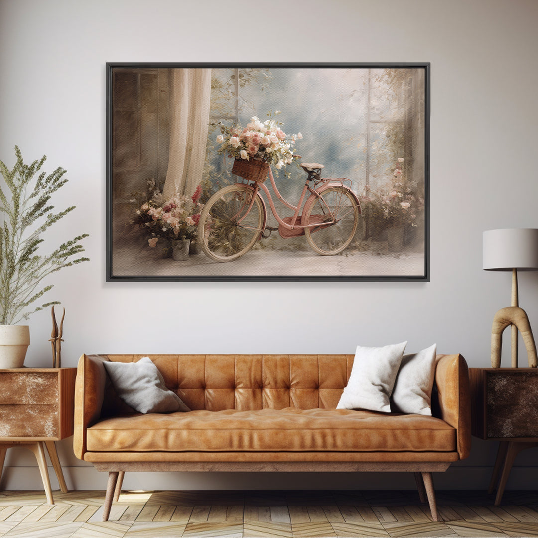 Old Bicycle with Flowers in Basket Canvas Print, Bed and Breakfast Art, Print, Living Room Decor, Watercolor Art, BAB-3x2-75