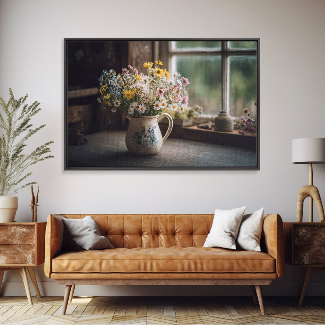 Country Wildflowers in a Chipped Ceramic Pitcher Canvas Print, Bed and Breakfast Art, Room Decor, Living Room Decor, BAB-3x2-77