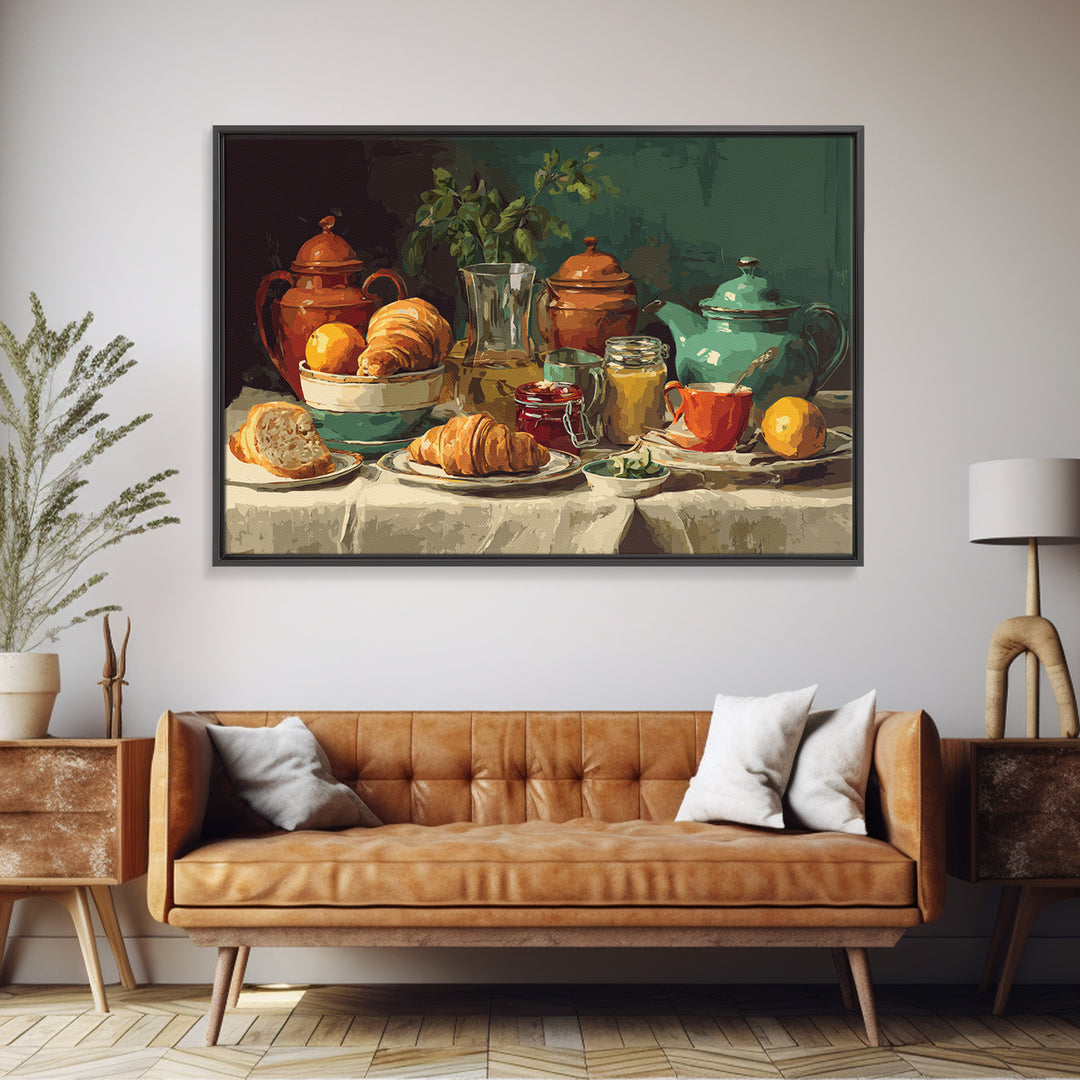 Fresh Croissants and Jam on a Linen Framed Canvas Print, Bed and Breakfast Art, Folk Art, Living Room Decor, Abstract Art, BAB-3x2-78