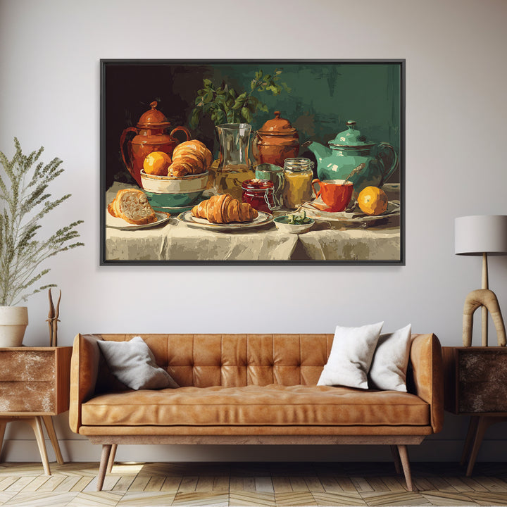 Fresh Croissants and Jam on a Linen Framed Canvas Print, Bed and Breakfast Art, Folk Art, Living Room Decor, Abstract Art, BAB-3x2-78