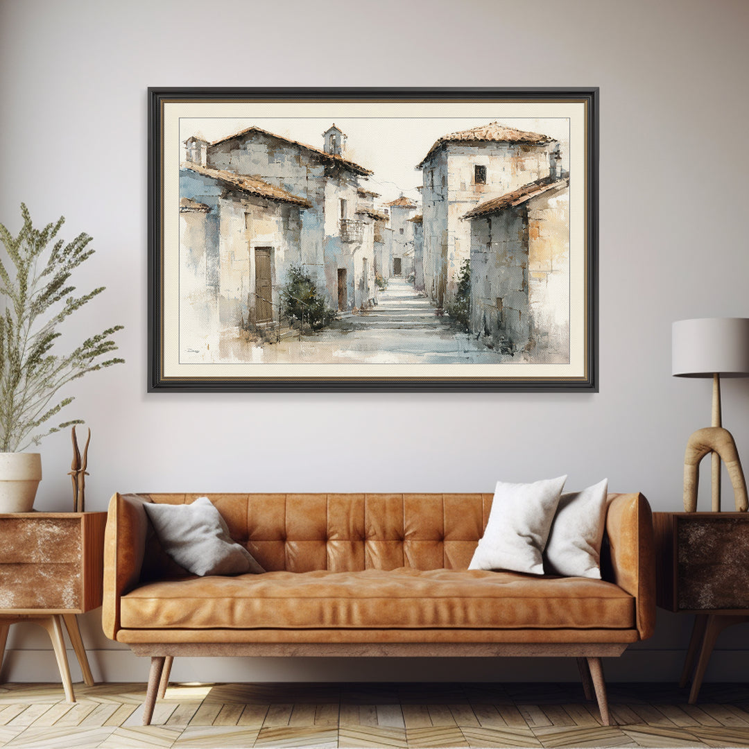 Soft Watercolor Village Street at Dawn Framed Canvas Print, Bed and Breakfast Art, Fine Art Print, Living Room Decor, Fine Art, BAB-3x2-81