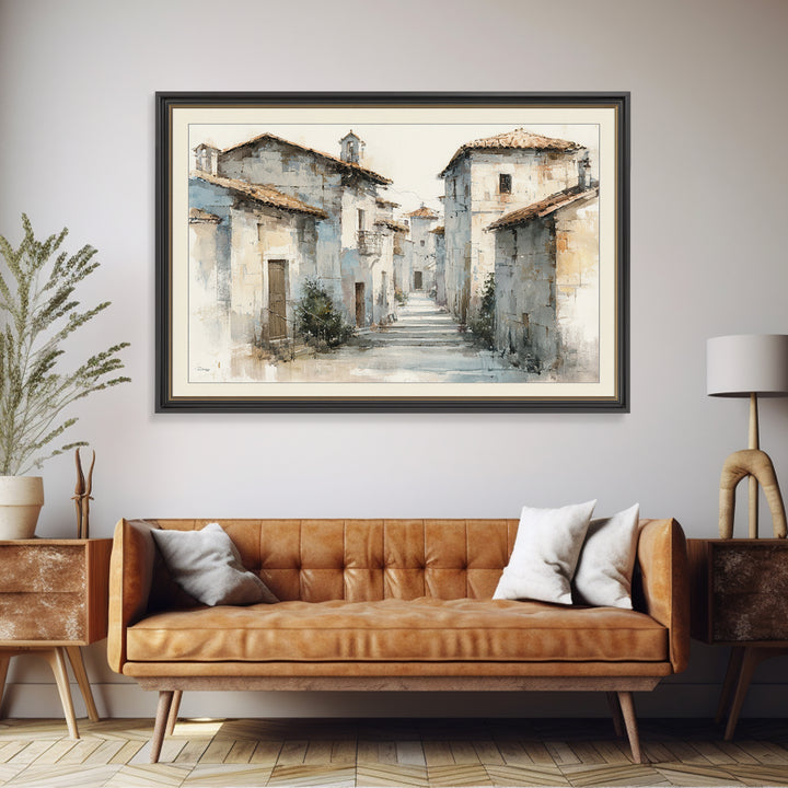 Soft Watercolor Village Street at Dawn Framed Canvas Print, Bed and Breakfast Art, Fine Art Print, Living Room Decor, Fine Art, BAB-3x2-81