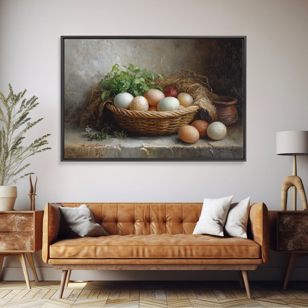 Fresh Eggs in a Woven Basket with Framed Canvas Print, Bed and Breakfast Art, Bedroom Art, Living Room Decor, Oil Painting, BAB-3x2-82