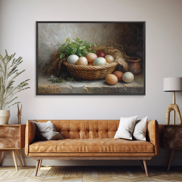 Fresh Eggs in a Woven Basket with Framed Canvas Print, Bed and Breakfast Art, Bedroom Art, Living Room Decor, Oil Painting, BAB-3x2-82